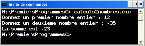 Exécution calculs2nombres.exe v2