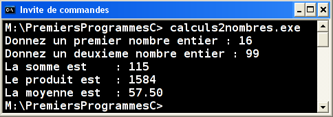 Exécution calculs2nombres.exe v3