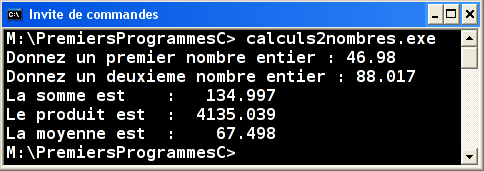 Exécution calculs2nombres.exe v4