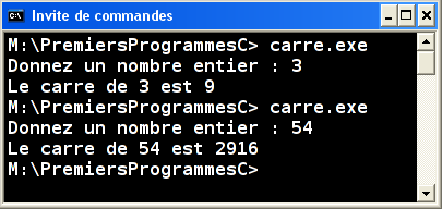Exécution carre.exe