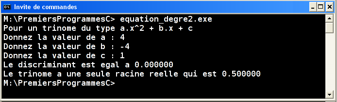 Exécution equation_degre2.exe