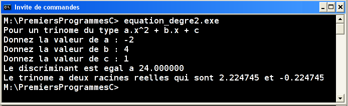 Exécution equation_degre2.exe