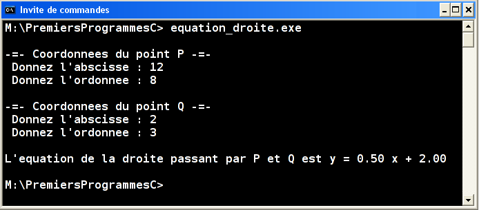 Exécution equation_droite.exe v1