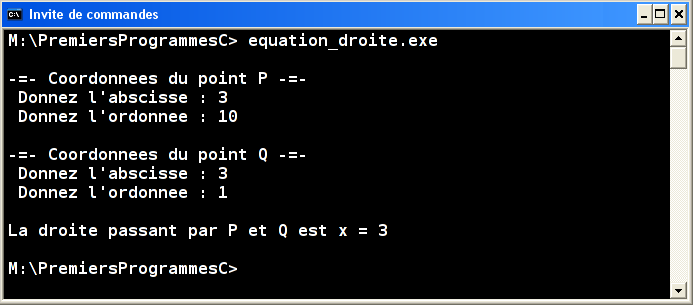 Exécution equation_droite.exe v1