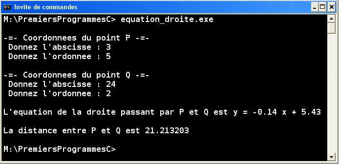 Exécution equation_droite.exe v2