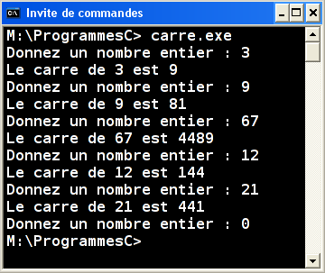 Exécution carre.exe