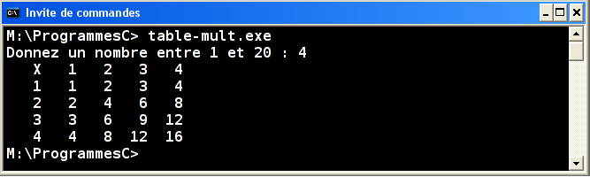 Exécution table-mult.exe