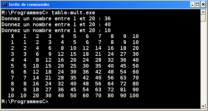 Exécution table-mult.exe