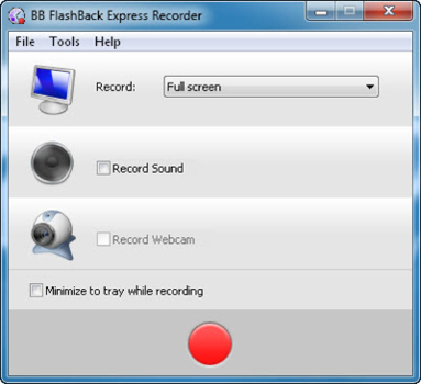 La fenêtre de paramétrage et lancement de la capture vidéo de BB FlashBack Express