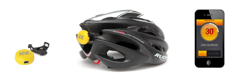 Le petit boîtier jaune et rond de ICEdot Crash Sensor est attaché à l'arrière d'un casque de vélo. Un smarphone affiche un compte à rebours de 30 secondes et un bouton glissière pour pouvoir arrêter le décompte.