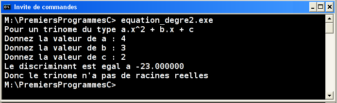 Exécution equation_degre2.exe