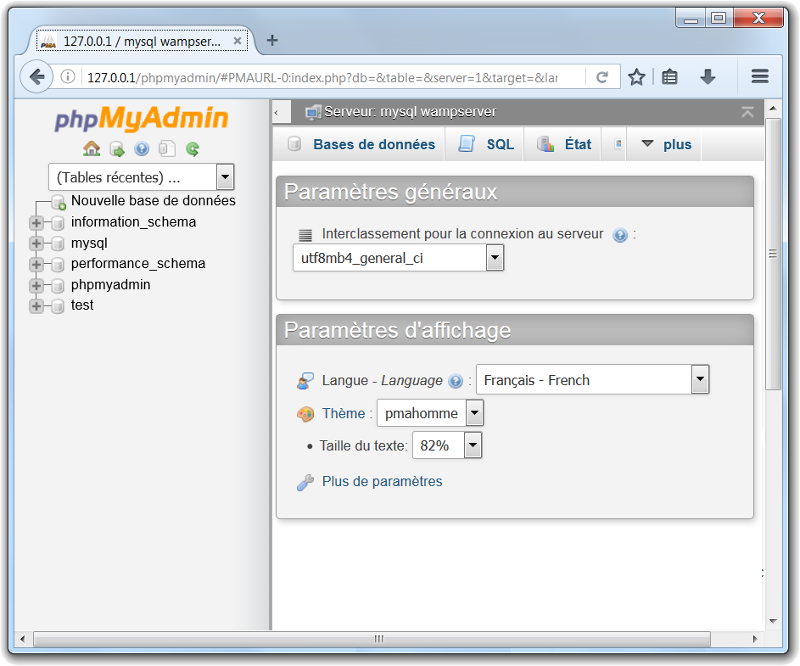 La page d'accueil de phpMyAdmin dans un navigateur web